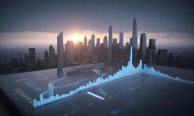 A city skyline during sunrise with buildings casting shadows and a holographic display of a financial chart in the foreground