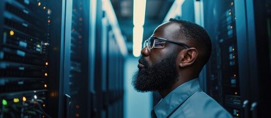 African American specialist ensures operational continuity by maintaining electric generators, while a precise engineer inspects blade servers for data backups and centralized storage.