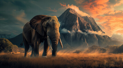 Elephant in front of the mountain - obrazy, fototapety, plakaty