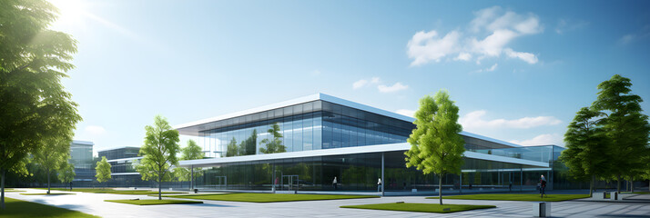 Minimalist Modern Corporate Building under Clear Blue Sky Reflecting Progress and Innovation - obrazy, fototapety, plakaty