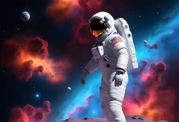 An 
astronaut
 in a 
white
 space suit with 
American flag
 patches floating above a 
lunar surface
 with a 
colorful nebula
 and multiple 
celestial bodies
 in the background