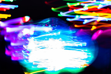 Psychedelic abstract long exposure motion colour lights. Light trails, leaks and glowing electricity. Music visualisation abstraction background. Christmas holiday festive lights.