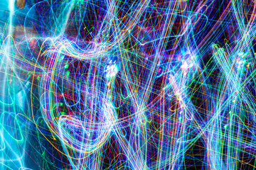 Psychedelic abstract long exposure motion colour lights. Light trails, leaks and glowing...