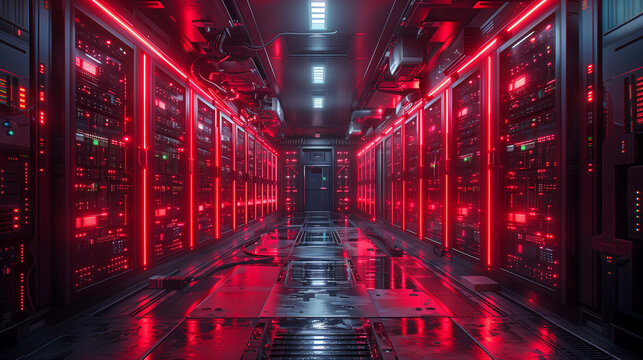Data servers. Cloud data storages in red. AI generated