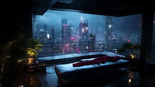 Animated Vtuber Streamer Background of a Cyberpunk Balcony