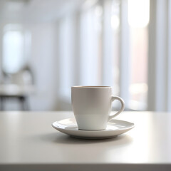 A cup of tea or coffee on a blurred lighted office