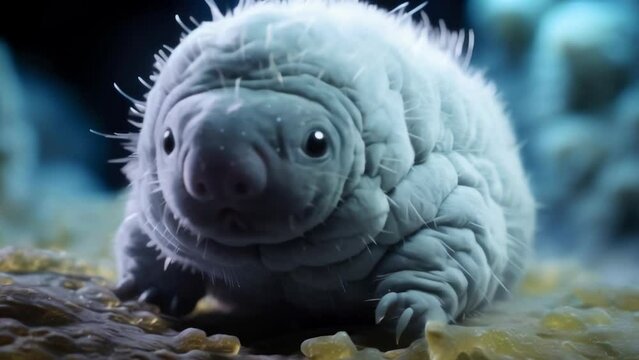 A closeup photo of a tiny tardigrade, also known as a water bear, reveals the astonishing adaptations that allow it to thrive in the most extreme conditions. With its chubby, segmented body