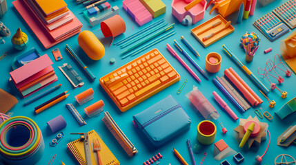 An abstract composition of vibrant, colorful office supplies neatly arranged on a sleek desk
