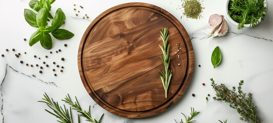 Fresh Herbs and Spices Around a Wooden Cutting Board on Marble - obrazy, fototapety, plakaty