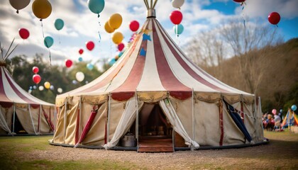 A circus tent with balloons around it. Generated with AI - obrazy, fototapety, plakaty
