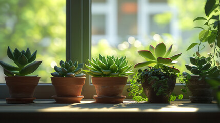 A symmetrical arrangement of potted succulents on a windowsill, adding a touch of greenery to a modern interior