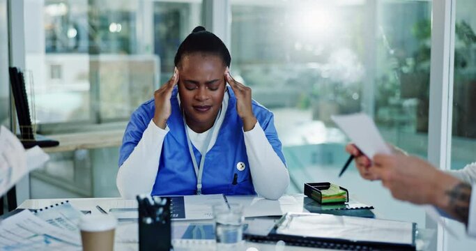 Chaos, anxiety and nurse with medical paperwork for meeting, collaboration or stress in hospital boardroom. Busy, doctor and healthcare team with headache and migraine from overwork and mental health