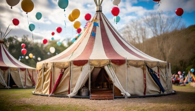 A circus tent with balloons around it. Generated with AI