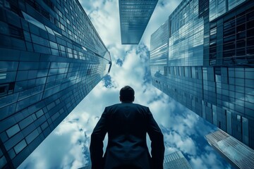 A lone man, clad in dark clothing, gazes up at the towering skyscrapers, their glass facades reflecting the cloudy sky above, in the bustling city street captured in a screenshot