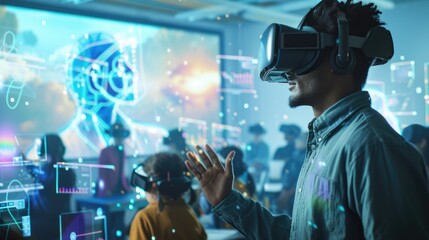 A group of students engages with virtual reality headsets in a classroom setting, exploring immersive educational content. AIG41