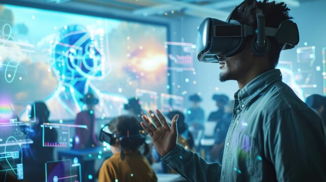 A group of students engages with virtual reality headsets in a classroom setting, exploring immersive educational content. AIG41