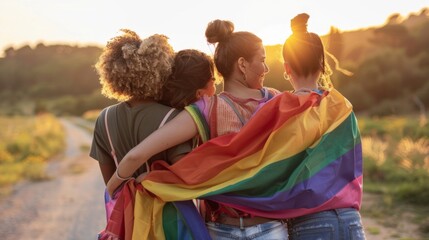 Fototapeta premium A sun-kissed group of diverse women embrace in a beautiful outdoor setting, their faces radiating joy and love as they stand united in solidarity