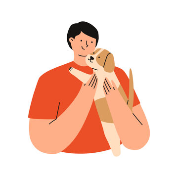 Man is holding a cute Russell Terrier dog in his hands. Pet owner. Flat vector illustration.