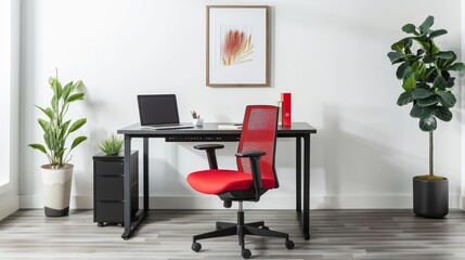 Modern Workspace with Black Desk and Red Chair AI Generated.