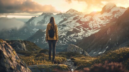 A solitary figure gazes in awe at the rugged landscape, enveloped in mist and surrounded by majestic mountains, as she stands atop a cloud-covered peak during a hiking adventure in the great outdoors - obrazy, fototapety, plakaty