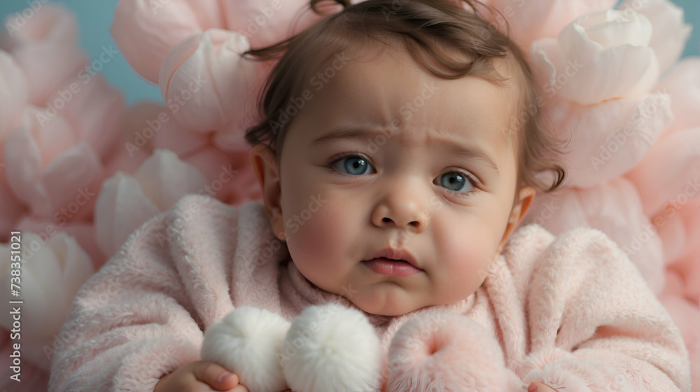 Wall mural a cherubic baby nestled on a fluffy cotton ball, surrounded by soft pastel clouds and a gentle breez