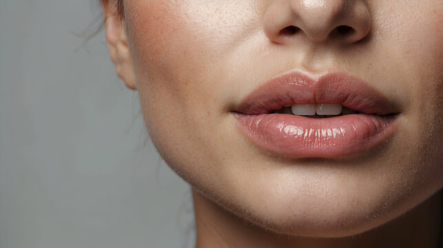 Beauty close-up image of woman lips (skin care/body care/esthetic salon), ruddy skin, beautiful, full lips, lips close up, real skin texture, natural