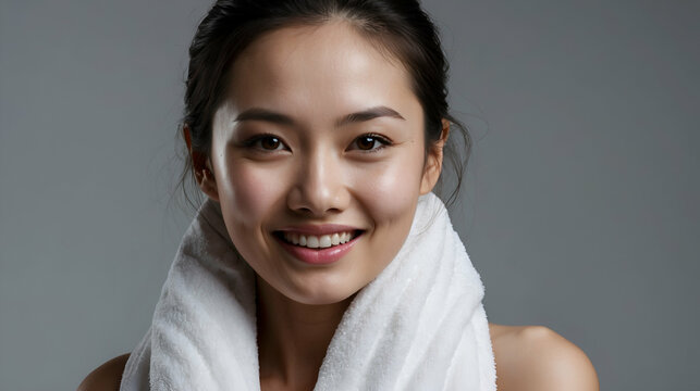 Beauty image of asian woman Towel dry (skin care/body care/esthetic salon), real skin, no makeup