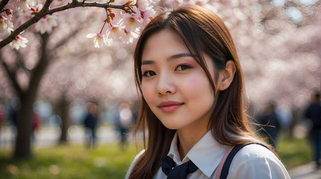 close up Cherry blossom trees and cute japanese new students image girl