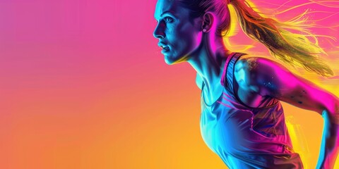 Women running race advertising campaign, neon glowing - obrazy, fototapety, plakaty