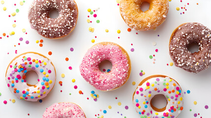 background of colorful donuts with sweet toppings on isolated white background