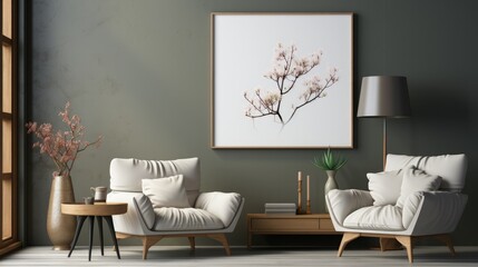 Minimalist house interior design with sofa and painting. Decoration with relaxing and modern tones. Cozy atmosphere.