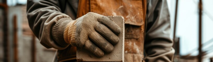 Adult male construction worker holding bricks. Vacancies. Place for text. Banner. Handyman.