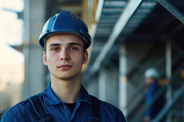 a young male builder in a blue uniform and helmet stands near a building under construction. Student. - obrazy, fototapety, plakaty