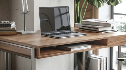 Minimalist Study with Sleek Wooden Desk, Silver Laptop, and Neat Book Stack AI Generated.