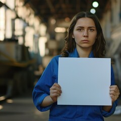 female builder in a blue uniform and a helmet holds a white sheet of paper with space for text in her hands. Advertisement about a vacancy for the working specialty of an engineer.