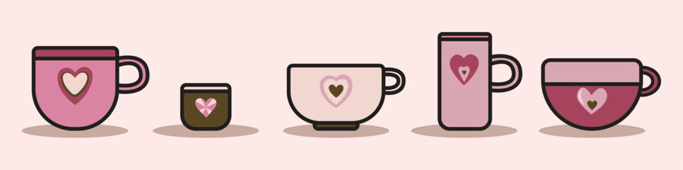 Set of cute coffee and tea cups and mugs in pink and green color palette