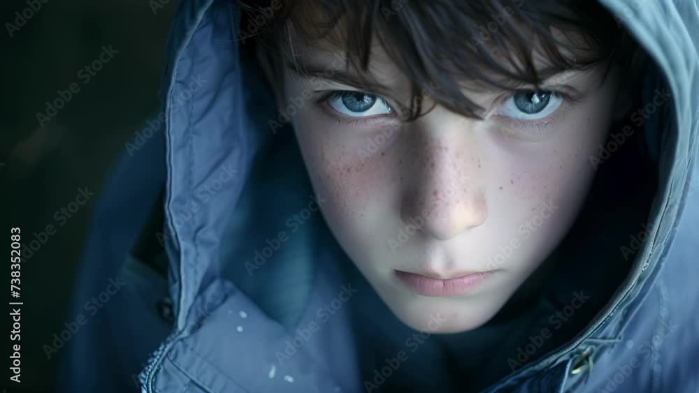 Poster an adolescent boy with a sad expression trying to hide the physical injuries caused by bullying with