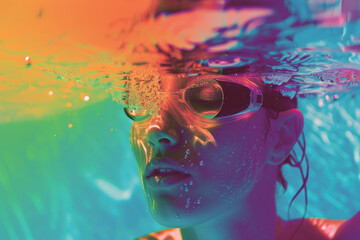 Women swimming advertising campaign, neon glowing