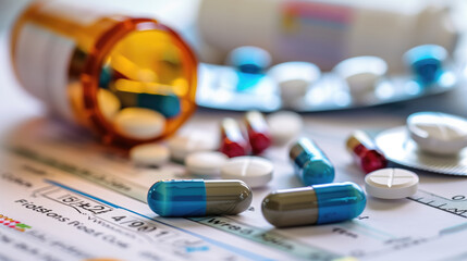 Spilled capsules and pills lie atop a prescription form, highlighting pharmaceutical care.