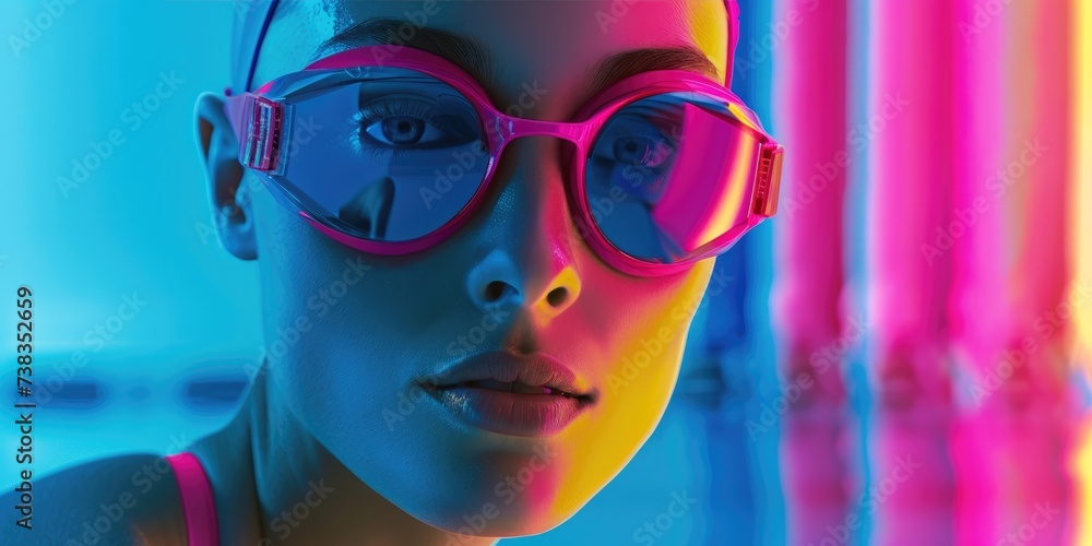 Poster Women swimming advertising campaign, neon glowing