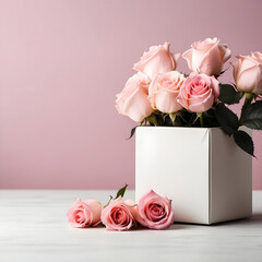 pink roses, bouquet, concept of congratulations for March 8, place for text