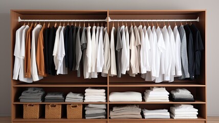 a white T-shirt hanging in a closet, with the focus sharply drawn to the clean lines and simplicity of the garment.