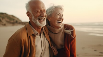 very happy elderly couple walking on the beach, happy retirement, travel in retired couples