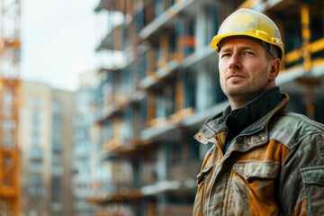 a male builder in a uniform and a helmet stands near a building under construction. Professional....