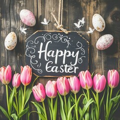 Happy Easter. Easter Wallpaper with Spring Flowers and Easter Eggs