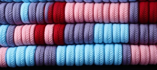 Knitted products, trendy pink, red, purple and blue. Needlework creativity minimalistic background