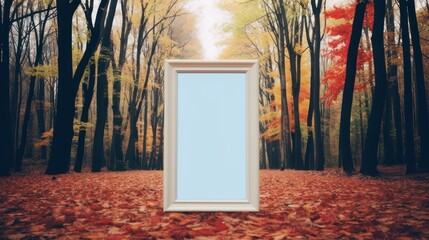 Blank wooden photo frame template, with autumn outdoor background.