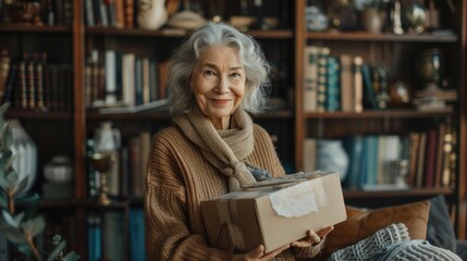 Older Woman Holding a Box in Front of a Bookshelf. Generative AI.
