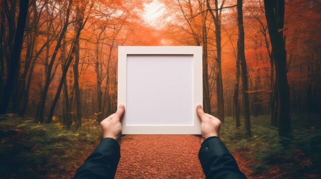 Hand held photo frame, blank space for template, with outdoor autumn theme	
