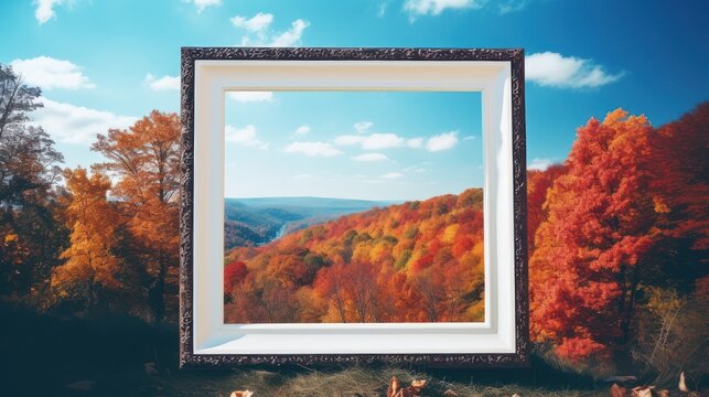 Blank wooden photo frame template, with autumn outdoor background.